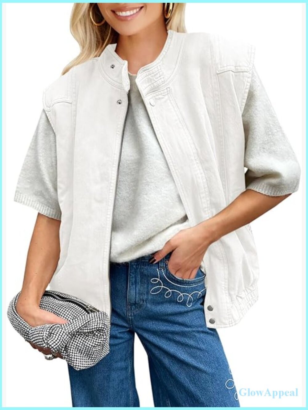 Womens Denim Vest Casual Zip Up Jean Vest Utility Cargo Oversized Sleeveless